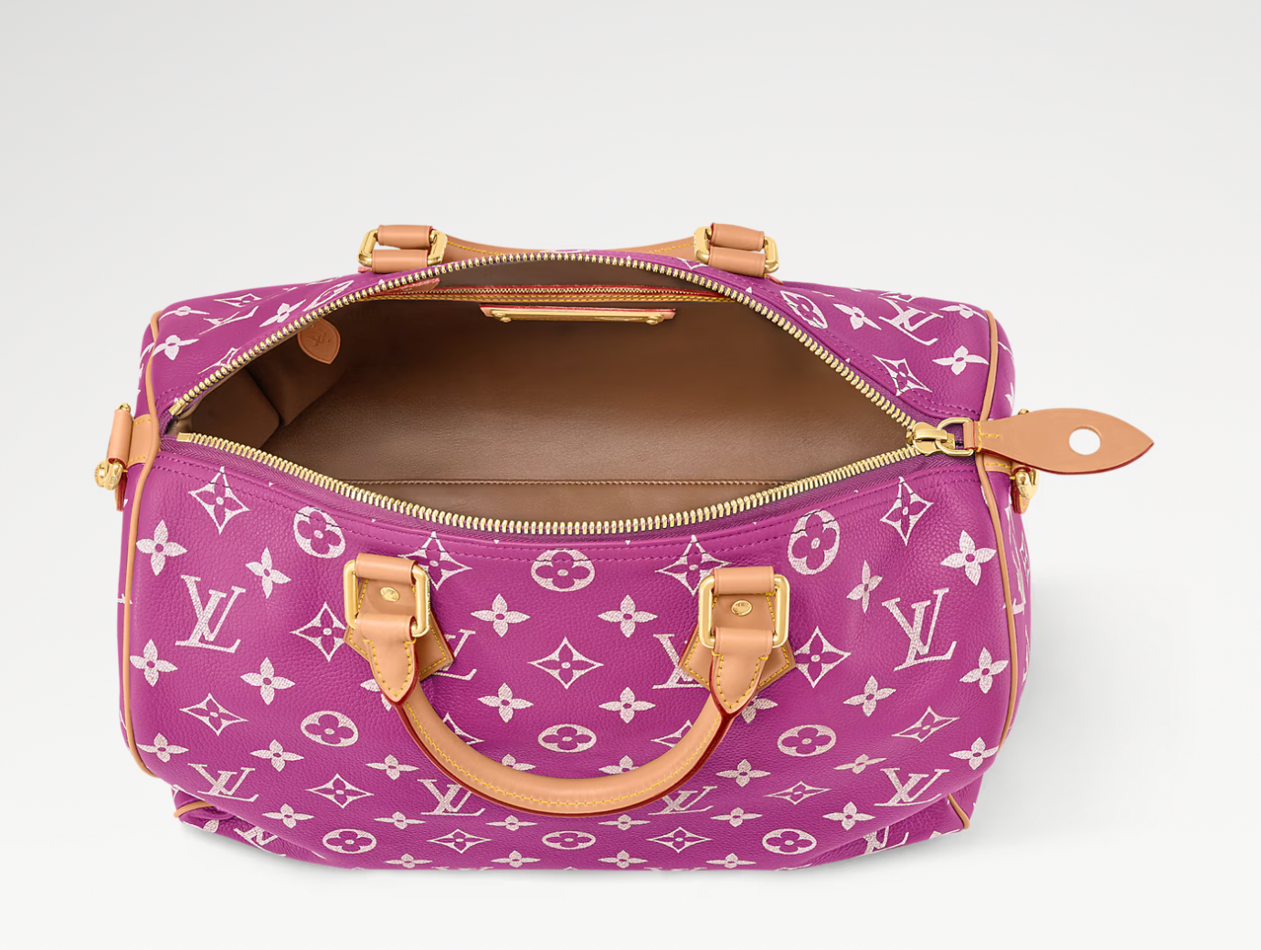 Louis Vuitton Speedy P9 Bandoulière 40 Pink Agate, sac Louis Vuitton rose en cuir de veau souple avec motif Monogram, poignées et bandoulière ajustable.
