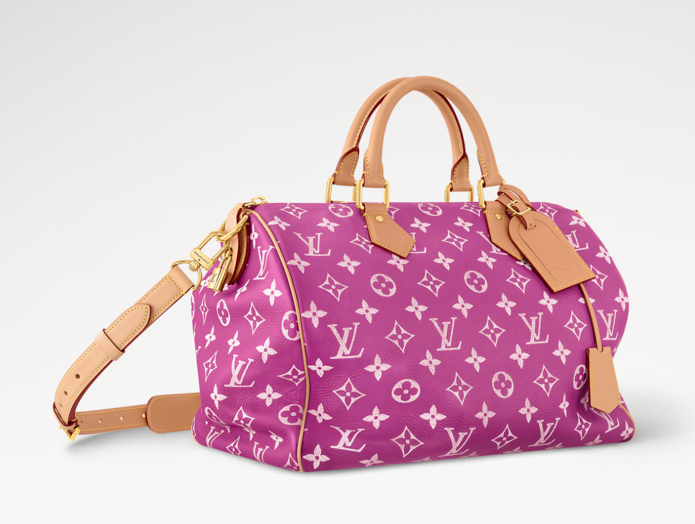 Louis Vuitton Speedy P9 Bandoulière 40 Pink Agate, sac Louis Vuitton rose en cuir de veau souple avec motif Monogram, poignées et bandoulière ajustable.