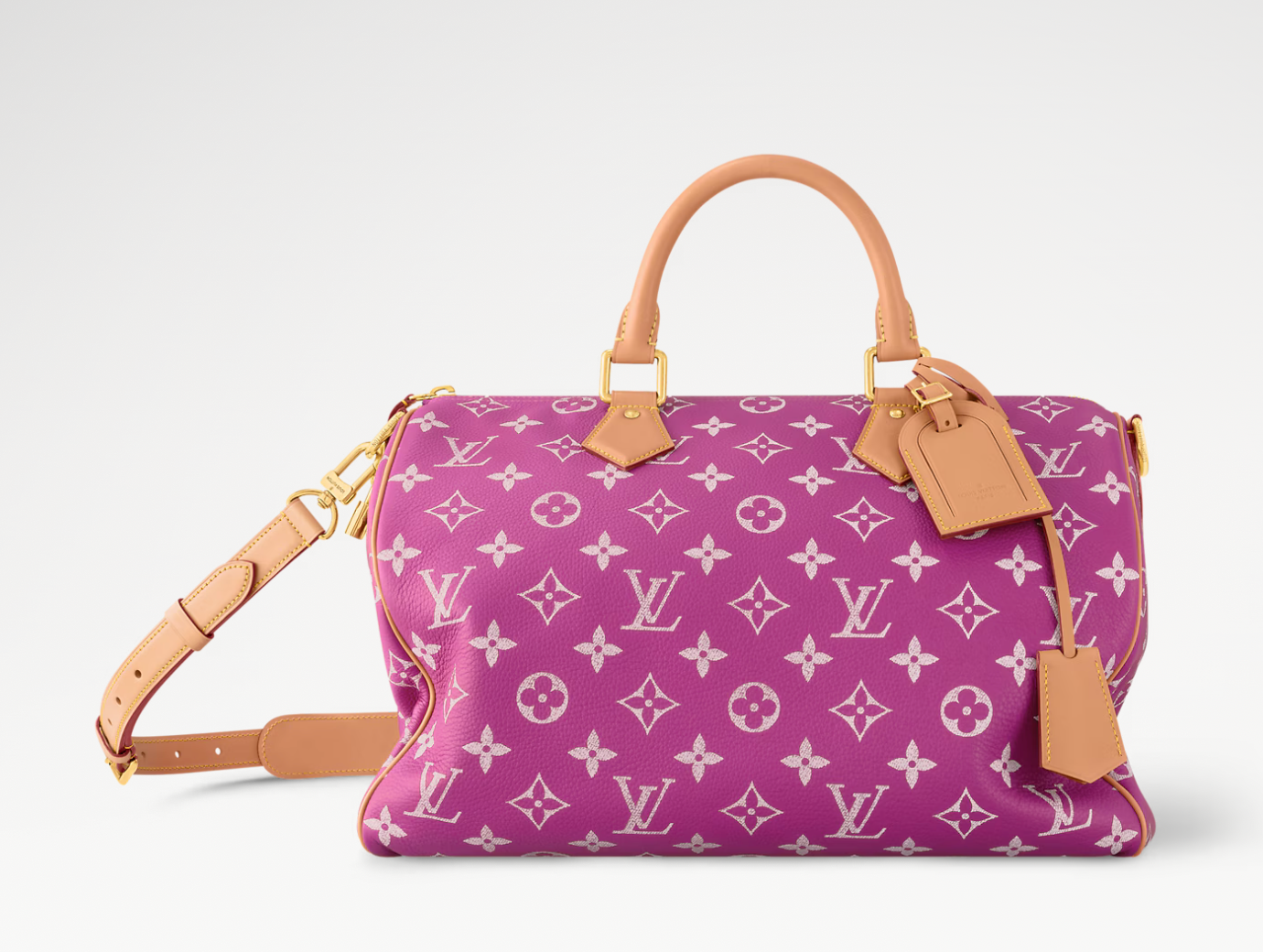 Louis Vuitton Speedy P9 Bandoulière 40 Pink Agate, sac Louis Vuitton rose en cuir de veau souple avec motif Monogram, poignées et bandoulière ajustable.