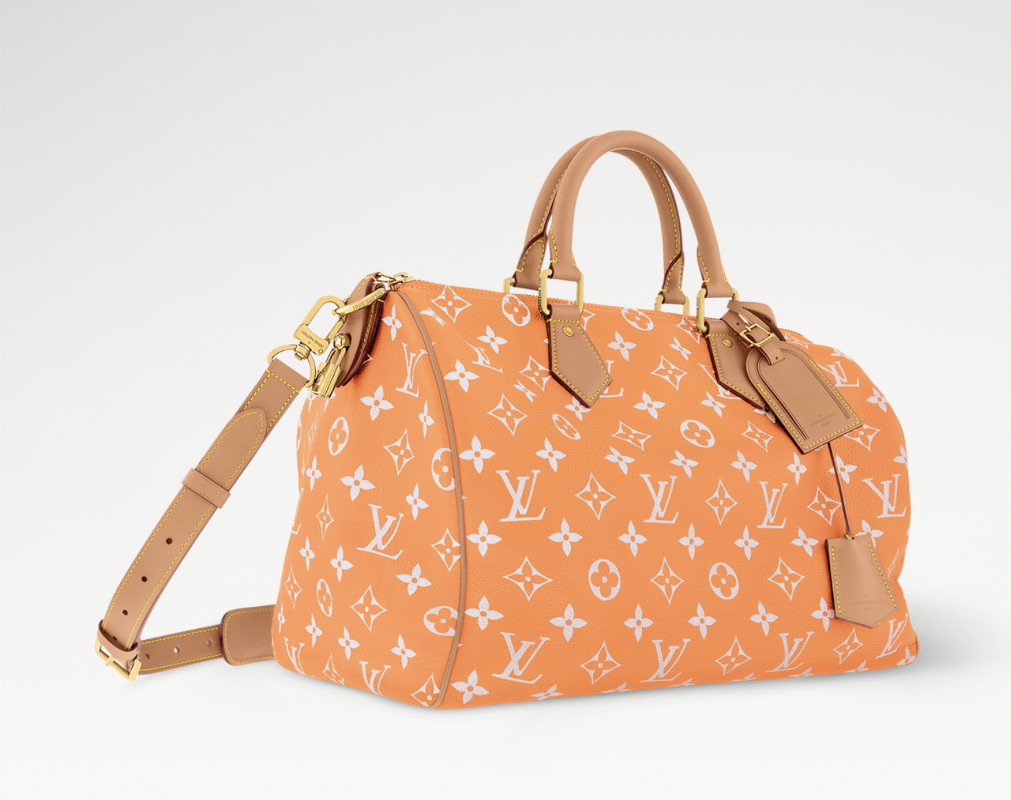 Louis Vuitton Speedy P9 Bandoulière 40 Summer Peach, sac de luxe Louis Vuitton format 40 coloris pêche avec bandoulière amovible et finitions haut de gamme.