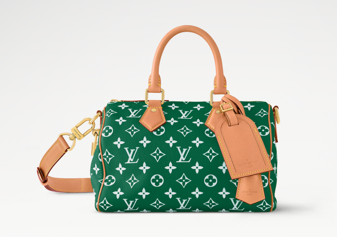 Louis Vuitton Speedy P9 Bandoulière 50 Monogram Leather Green, grand sac de voyage Louis Vuitton en cuir Monogram vert embossé avec poignées Toron et bandoulière ajustable.
