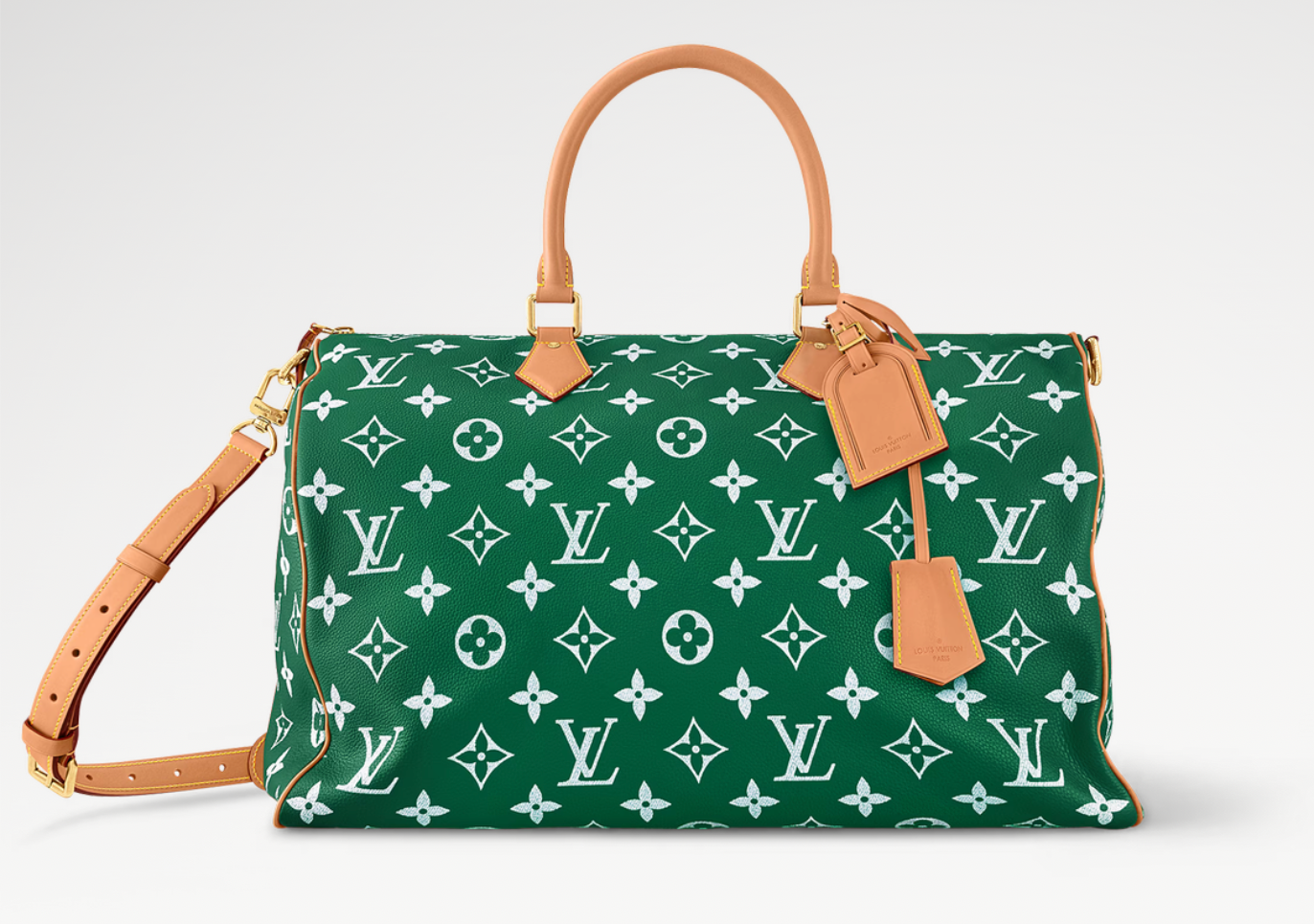 Louis Vuitton Speedy P9 Bandoulière 50 Monogram Leather Green, grand sac de voyage Louis Vuitton en cuir Monogram vert embossé avec poignées Toron et bandoulière ajustable.