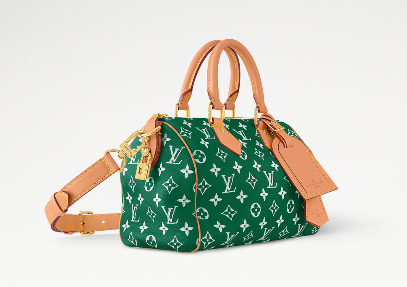 Louis Vuitton Speedy P9 Bandoulière 50 Monogram Leather Green, grand sac de voyage Louis Vuitton en cuir Monogram vert embossé avec poignées Toron et bandoulière ajustable.