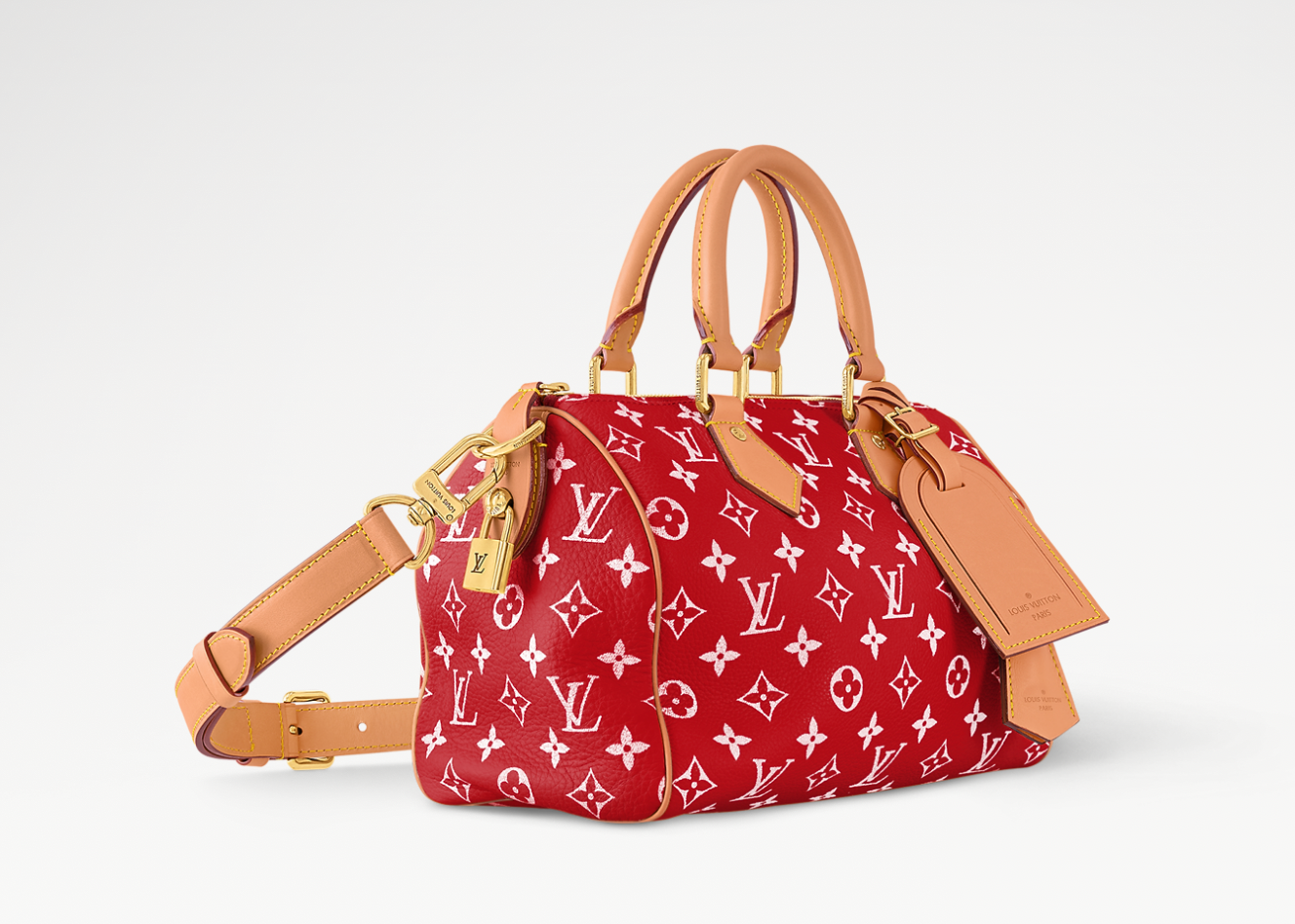 Louis Vuitton Speedy P9 Bandoulière 50 Monogram Leather Red, grand sac de voyage Louis Vuitton rouge en cuir Monogram avec poignées Toron et bandoulière.