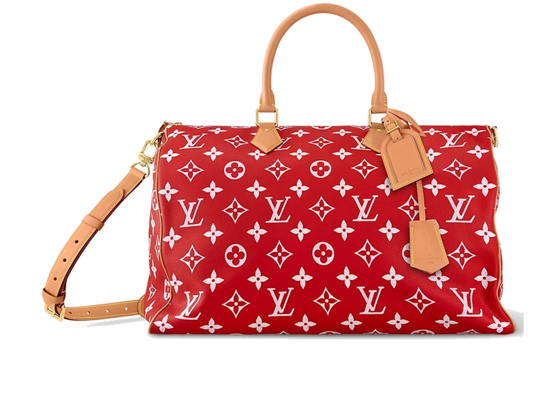 Louis Vuitton Speedy P9 Bandoulière 50 Monogram Leather Red, grand sac de voyage Louis Vuitton rouge en cuir Monogram avec poignées Toron et bandoulière.
