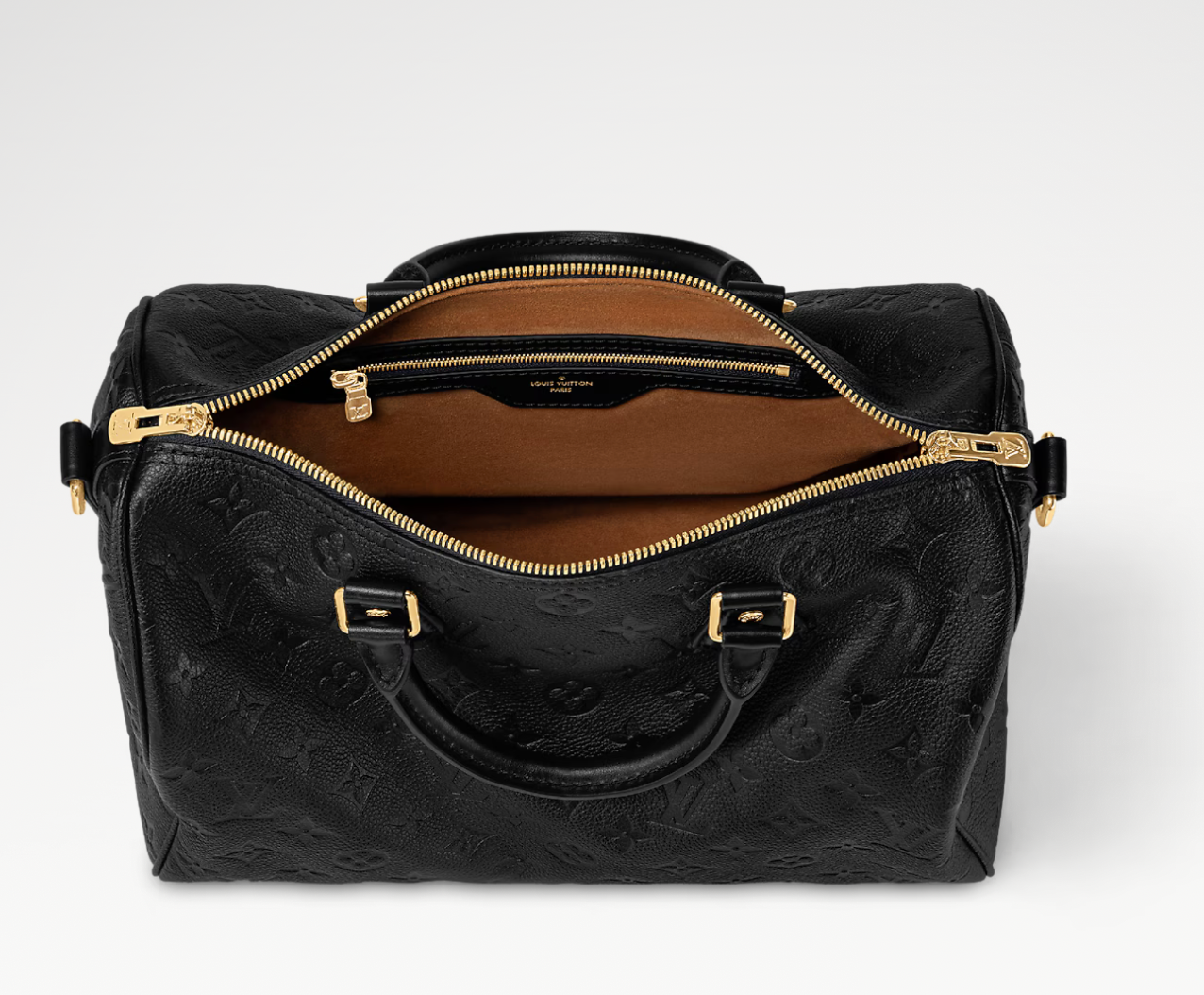 Louis Vuitton Speedy Soft 30 Black, sac de luxe Louis Vuitton noir à silhouette souple avec bandoulière amovible, fermeture zippée et finitions premium.