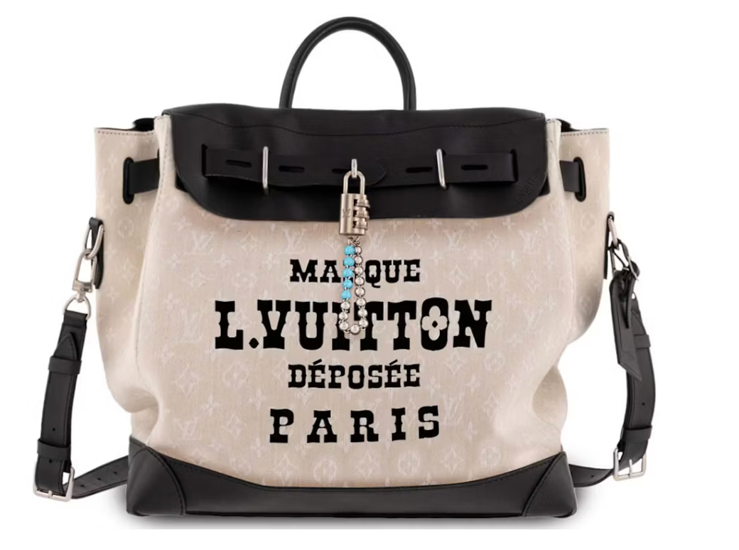 Louis Vuitton Steamer 40 White sac blanc noir motif texte 