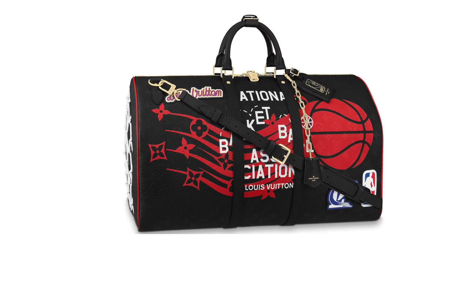 Louis Vuitton x NBA Hero Jacket Leather Keepall 55 Monogram Black en cuir Monogram embossé noir avec poignées en cuir, bandoulière amovible, fermeture zippée et détails exclusifs Louis Vuitton x NBA.