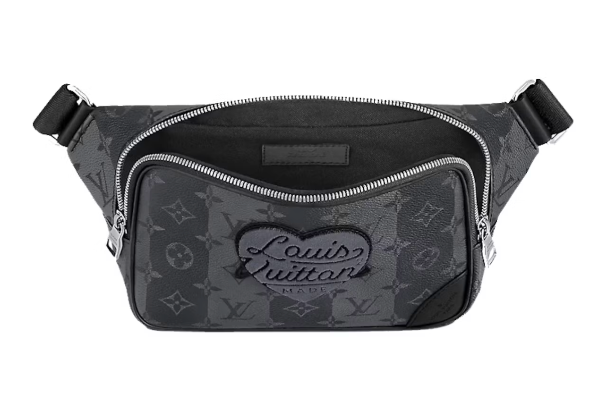 Louis Vuitton x Nigo Modular Sling Bag Monogram Stripes Eclipse, sac bandoulière Louis Vuitton noir et gris en Monogram Eclipse avec détails Stripes signé Nigo.