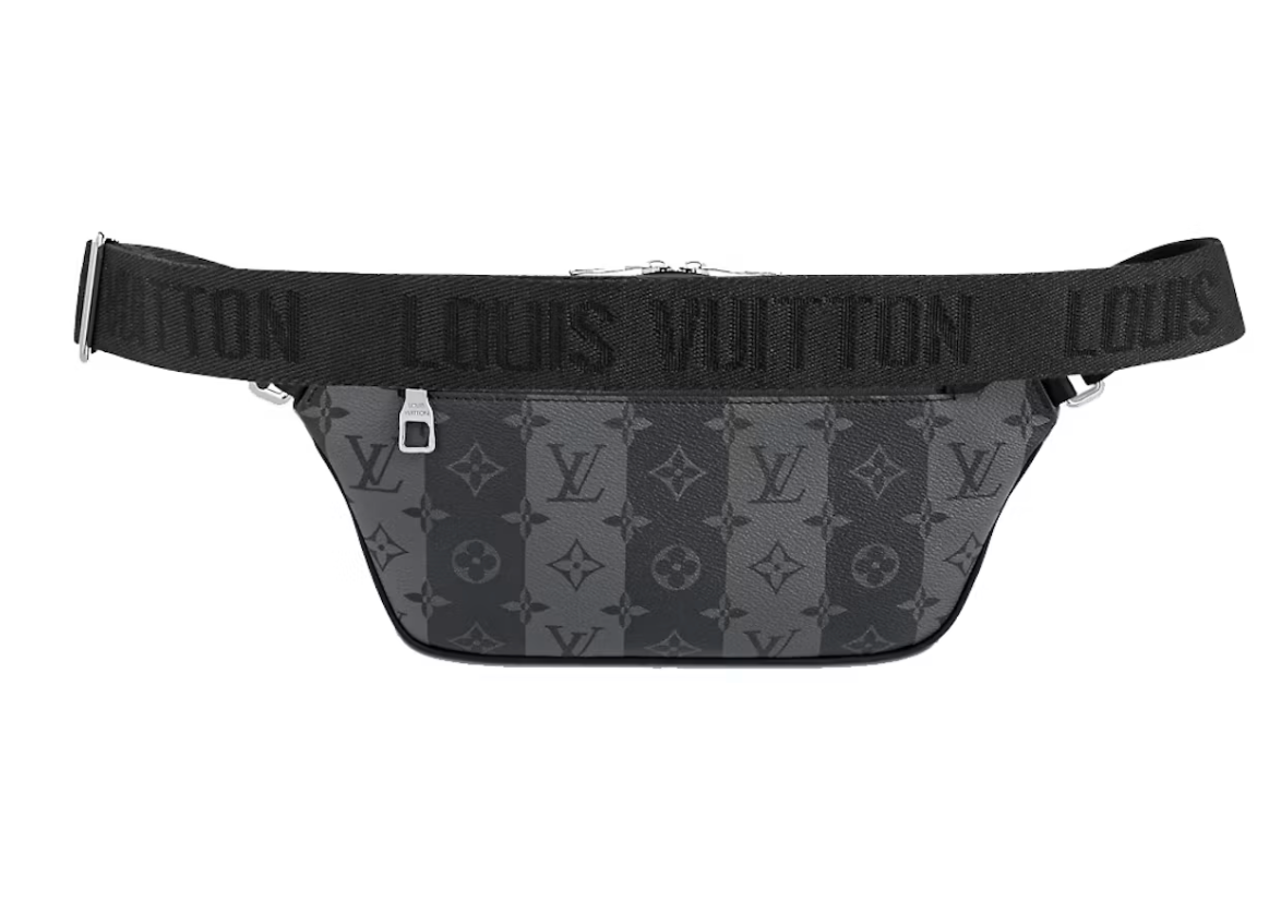 Louis Vuitton x Nigo Modular Sling Bag Monogram Stripes Eclipse, sac bandoulière Louis Vuitton noir et gris en Monogram Eclipse avec détails Stripes signé Nigo.
