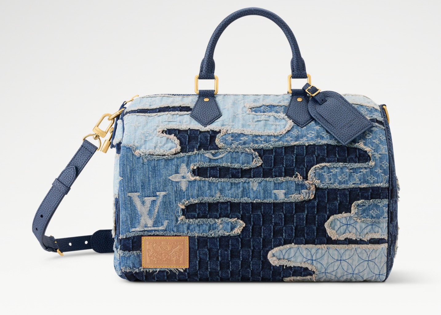 Louis Vuitton x Nigo Speedy 40 Bandoulière Blue Denim, sac Louis Vuitton bleu effet denim avec Monogram, poignées Toron, bandoulière ajustable et collaboration Nigo.
