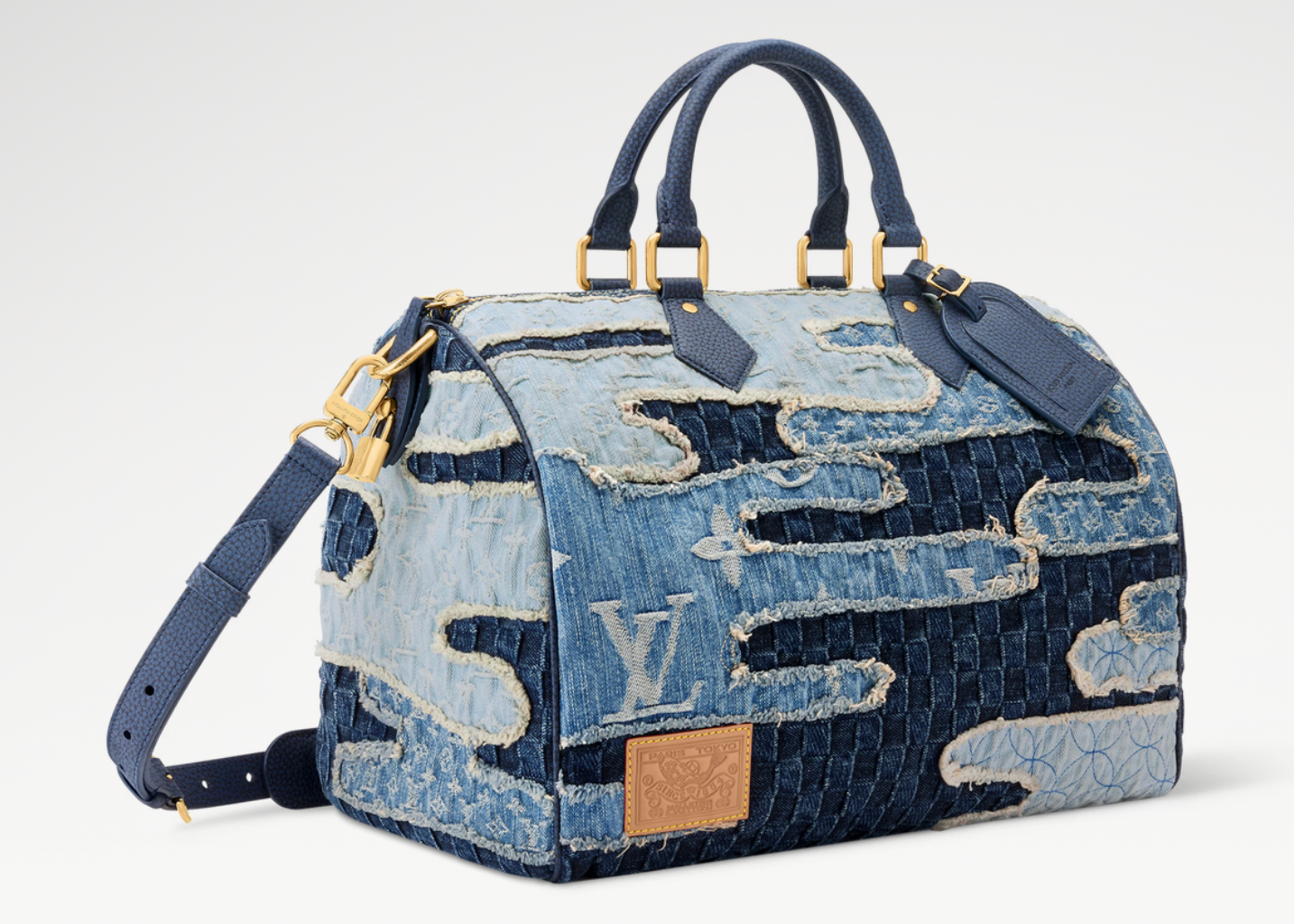Louis Vuitton x Nigo Speedy 40 Bandoulière Blue Denim, sac Louis Vuitton bleu effet denim avec Monogram, poignées Toron, bandoulière ajustable et collaboration Nigo.