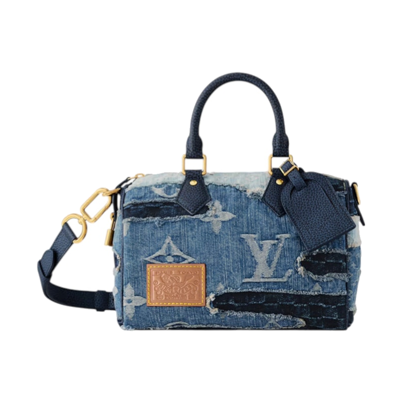 Louis Vuitton x Nigo Speedy Bandoulière Denim Blue, sac Louis Vuitton bleu effet denim avec Monogram, poignées Toron, bandoulière ajustable et collaboration Nigo.