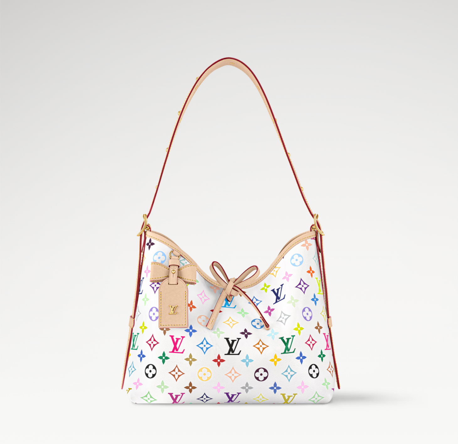 Louis Vuitton x Takashi Murakami CarryAll PM White Multicolored en toile Monogram Multicolore sur fond blanc avec poignées en cuir naturel, pochette intérieure amovible et finitions métalliques dorées.