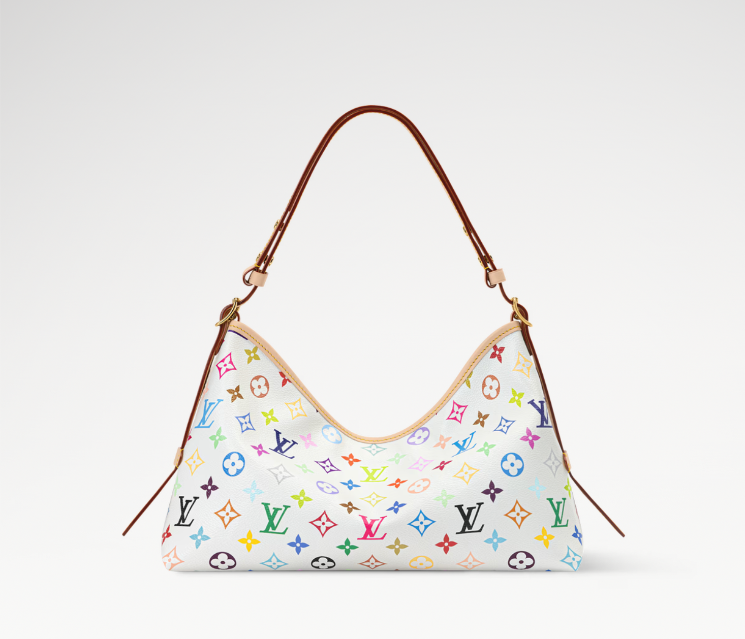 Louis Vuitton x Takashi Murakami CarryAll East West Multicolor White en toile Monogram Multicolore sur fond blanc avec longues poignées en cuir, pochette intérieure amovible et finitions métalliques dorées.