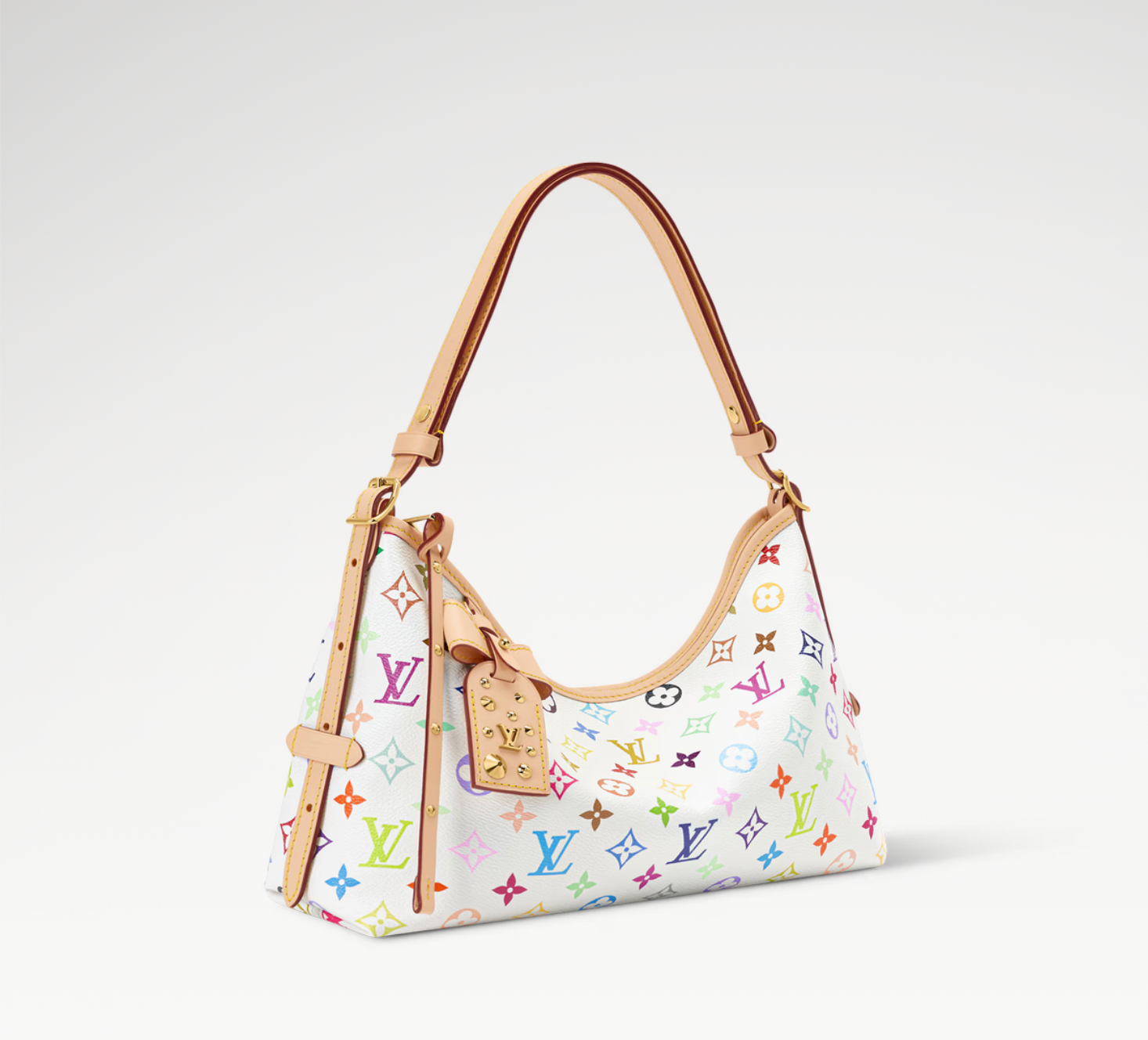 Louis Vuitton x Takashi Murakami CarryAll East West Multicolor White en toile Monogram Multicolore sur fond blanc avec longues poignées en cuir, pochette intérieure amovible et finitions métalliques dorées.