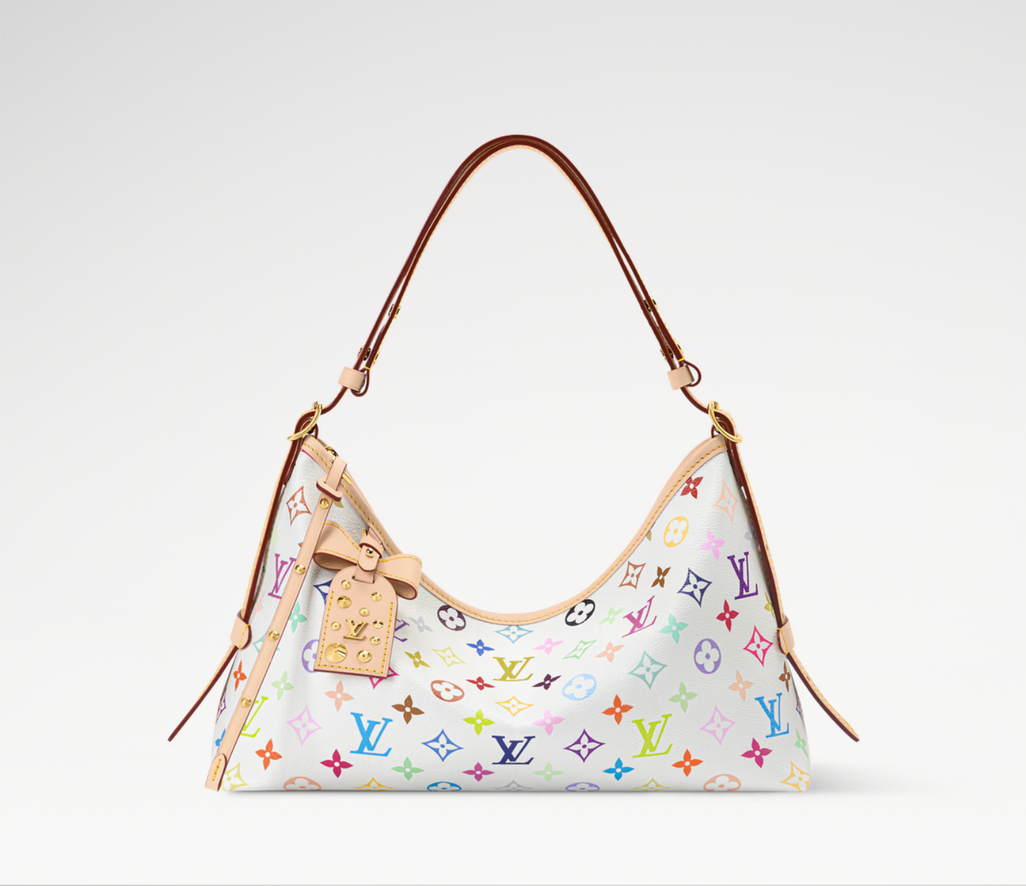 Louis Vuitton x Takashi Murakami CarryAll East West Multicolor White en toile Monogram Multicolore sur fond blanc avec longues poignées en cuir, pochette intérieure amovible et finitions métalliques dorées.
