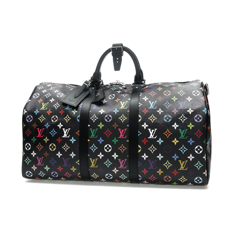 Louis Vuitton x Takashi Murakami Keepall Bandoulière 50 Black Multicolored en toile Monogram Multicolore noire avec garnitures en cuir naturel, poignées roulées, bandoulière amovible, fermeture zippée et finitions métalliques dorées.