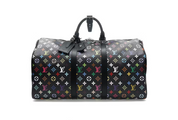 Louis Vuitton x Takashi Murakami Keepall Bandoulière 50 Black Multicolored en toile Monogram Multicolore noire avec garnitures en cuir naturel, poignées roulées, bandoulière amovible, fermeture zippée et finitions métalliques dorées.