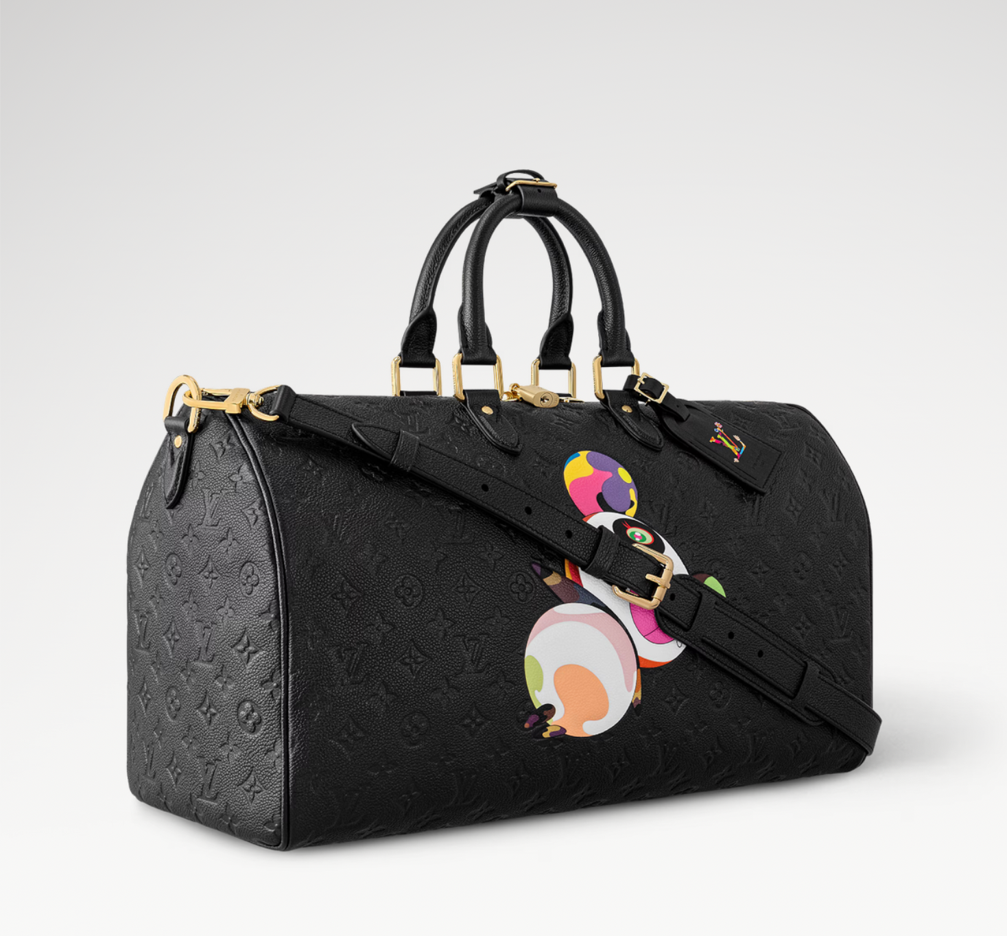 Louis Vuitton x Takashi Murakami Keepall Bandoulière 45 Black en toile Monogram Multicolore sur fond noir avec poignées en cuir, bandoulière amovible, fermeture zippée et finitions métalliques dorées.