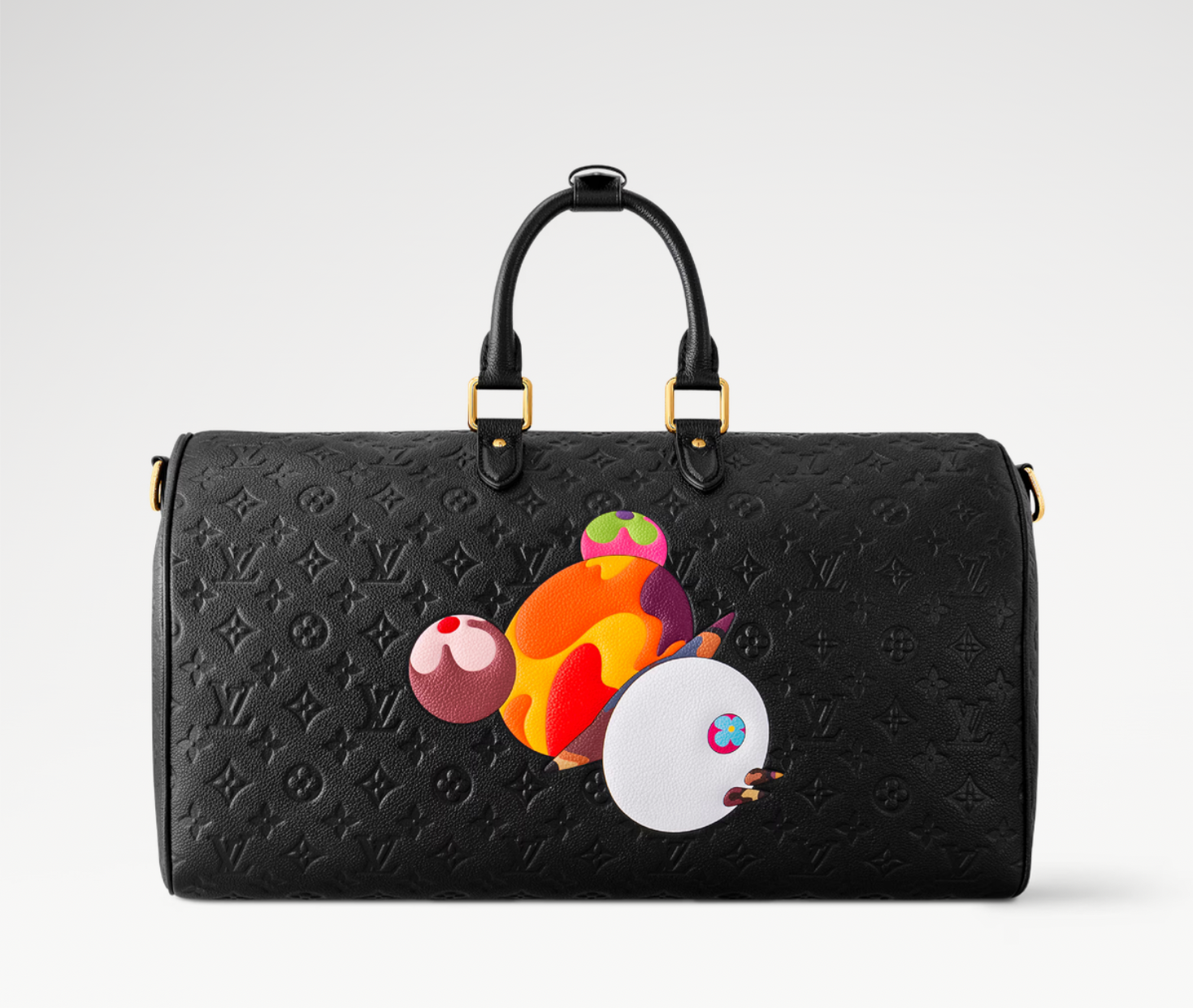 Louis Vuitton x Takashi Murakami Keepall Bandoulière 45 Black en toile Monogram Multicolore sur fond noir avec poignées en cuir, bandoulière amovible, fermeture zippée et finitions métalliques dorées.