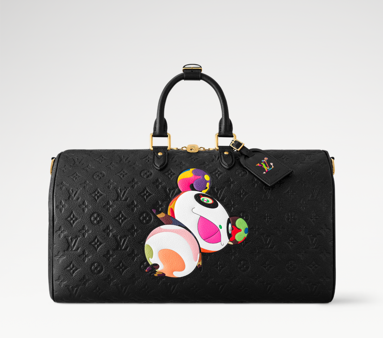 Louis Vuitton x Takashi Murakami Keepall Bandoulière 45 Black en toile Monogram Multicolore sur fond noir avec poignées en cuir, bandoulière amovible, fermeture zippée et finitions métalliques dorées.