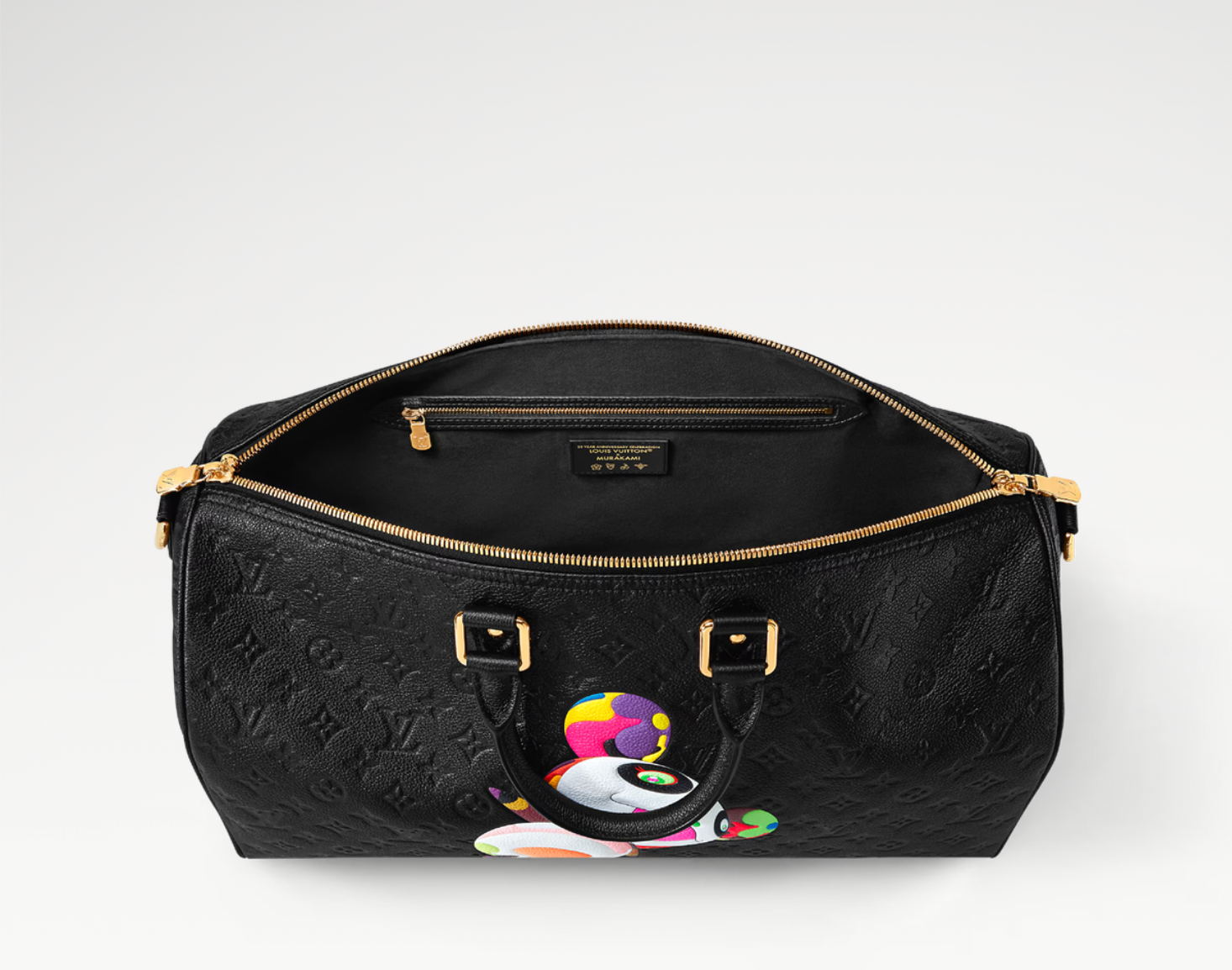 Louis Vuitton x Takashi Murakami Keepall Bandoulière 45 Black en toile Monogram Multicolore sur fond noir avec poignées en cuir, bandoulière amovible, fermeture zippée et finitions métalliques dorées.