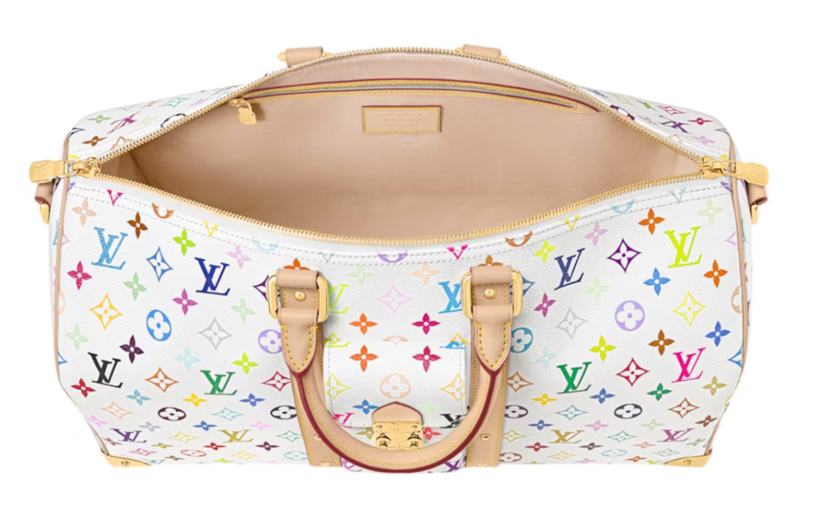 Louis Vuitton x Takashi Murakami Keepall Bandouliere 45 White Multicolored intérieur Beige Blanc logo icône logo fleurs