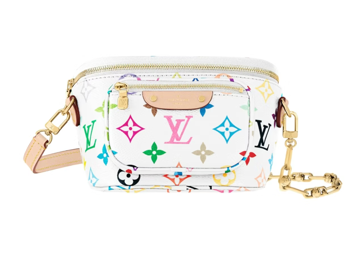 Louis Vuitton x Takashi Murakami Mini Bumbag Multicolor White, sac blanc en toile Monogram multicolore avec cuir et chaîne dorée.