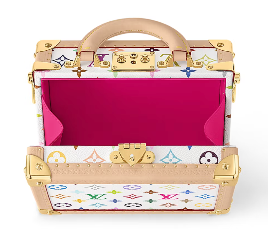 Louis Vuitton x Takashi Murakami Petite Valise mallette logo fleur or cadenas beige intérieur rose