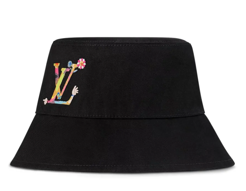Louis Vuitton x Takashi Murakami Reversible Superflat Bucket Hat Black en textile noir, conception réversible avec détails inspirés de l'univers Superflat et silhouette bucket hat premium.