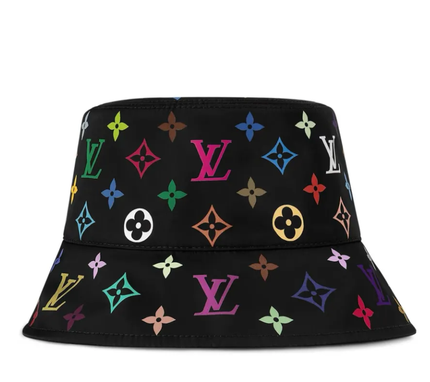 Louis Vuitton x Takashi Murakami Reversible Superflat Bucket Hat Black en textile noir, conception réversible avec détails inspirés de l'univers Superflat et silhouette bucket hat premium.