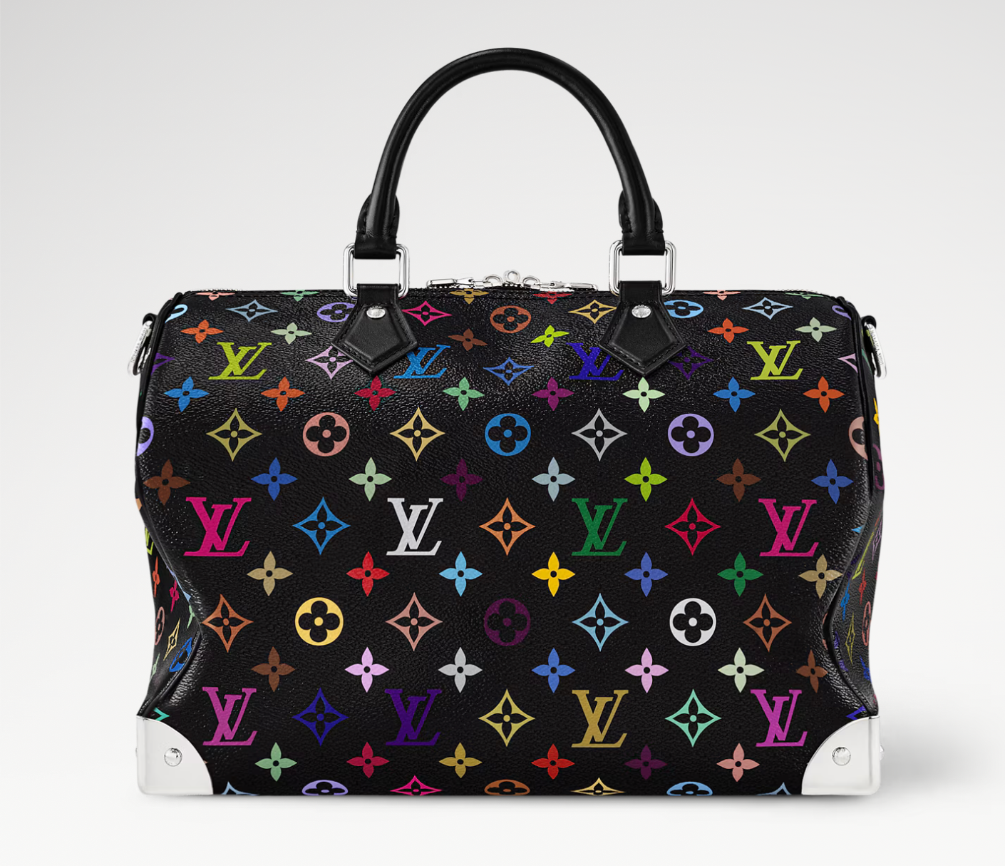 Louis Vuitton x Takashi Murakami Speedy Soft 30 Black Multicolored, sac noir en toile Monogram multicolore avec poignées en cuir et détails argentés.