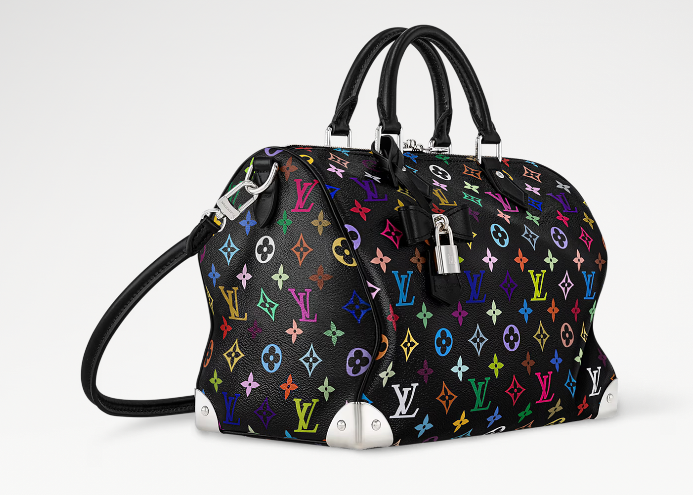 Louis Vuitton x Takashi Murakami Speedy Soft 30 Black Multicolored, sac noir en toile Monogram multicolore avec poignées en cuir et détails argentés.