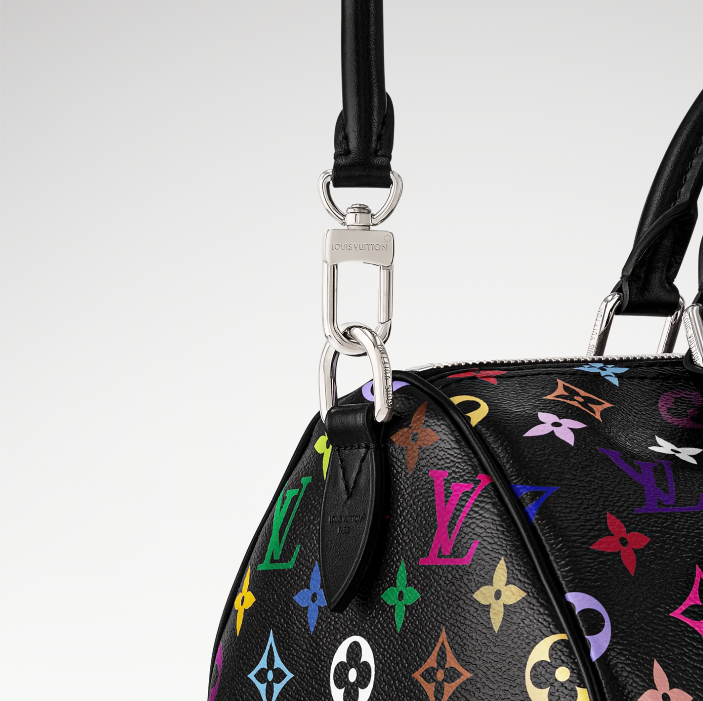 Louis Vuitton x Takashi Murakami Speedy Soft 30 Black Multicolored, sac noir en toile Monogram multicolore avec poignées en cuir et détails argentés.