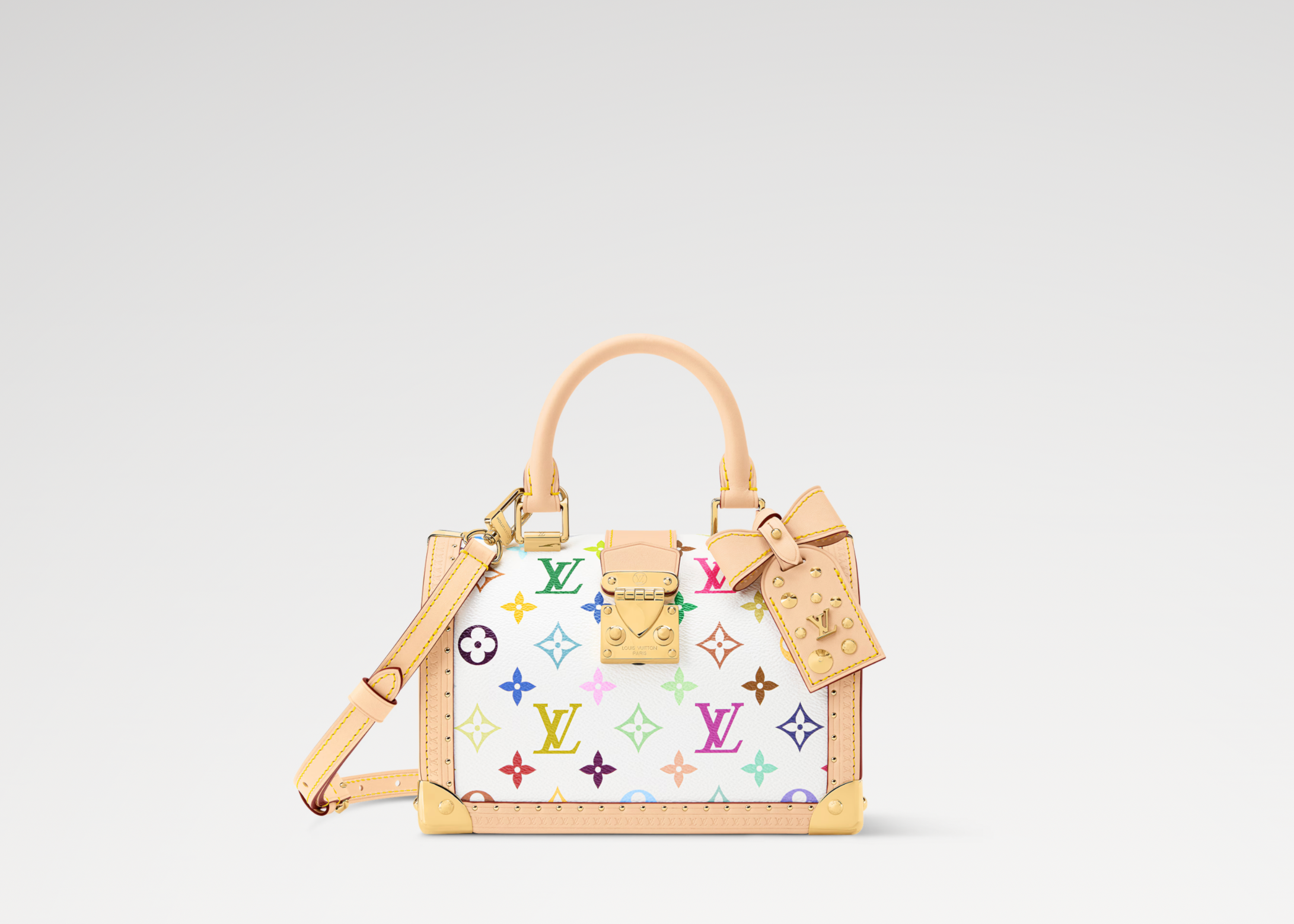 Louis Vuitton x Takashi Murakami Speedy Trunk 20 Multicolored en toile Monogram Multicolore avec garnitures en cuir naturel, structure inspirée des malles, poignées en cuir et bandoulière amovible.