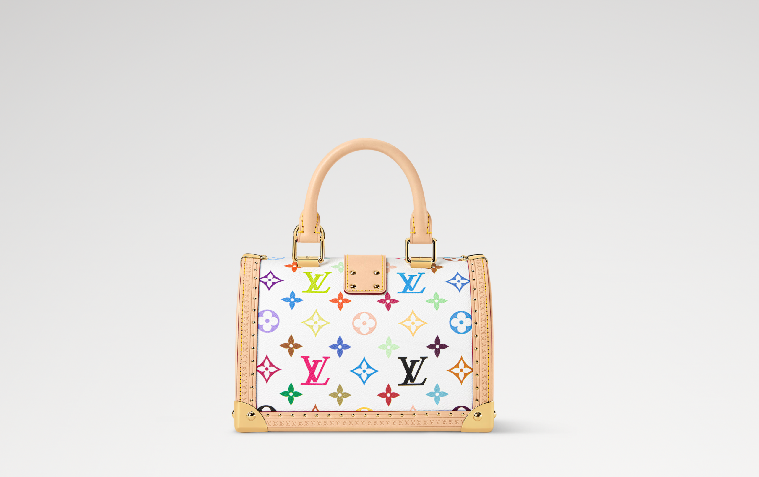 Louis Vuitton x Takashi Murakami Speedy Trunk 20 Multicolored en toile Monogram Multicolore avec garnitures en cuir naturel, structure inspirée des malles, poignées en cuir et bandoulière amovible.