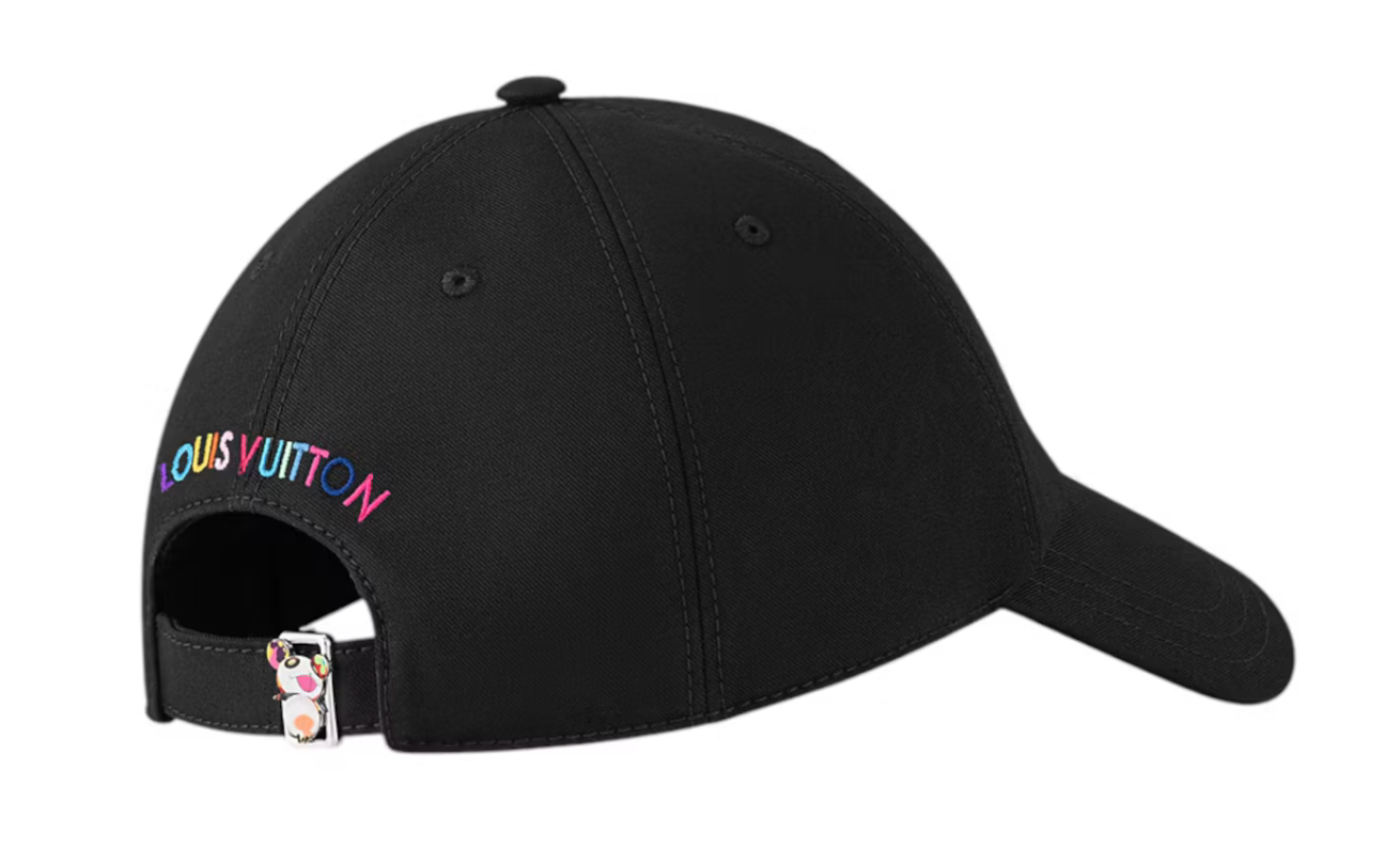 Louis Vuitton x Takashi Murakami Superflat Cap Black en coton noir avec logo LV Hands multicolore brodé, visière incurvée et sangle ajustable.