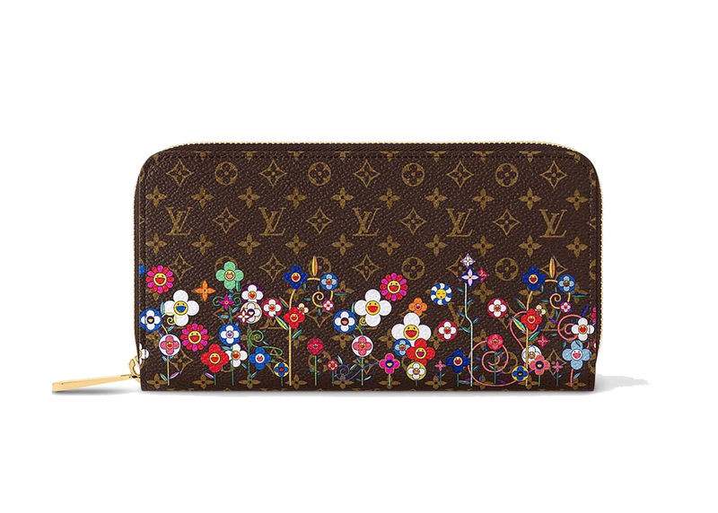 Louis Vuitton x Takashi Murakami Zippy Wallet Monogram en toile Monogram Multicolore avec garnitures en cuir naturel, fermeture zippée intégrale, multiples rangements et finitions métalliques dorées.