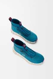 On Running Cloudtilt Hi LOEWE teal beige et bordeaux en mesh technique avec semelle CloudTec Phase premium. vue de dessus