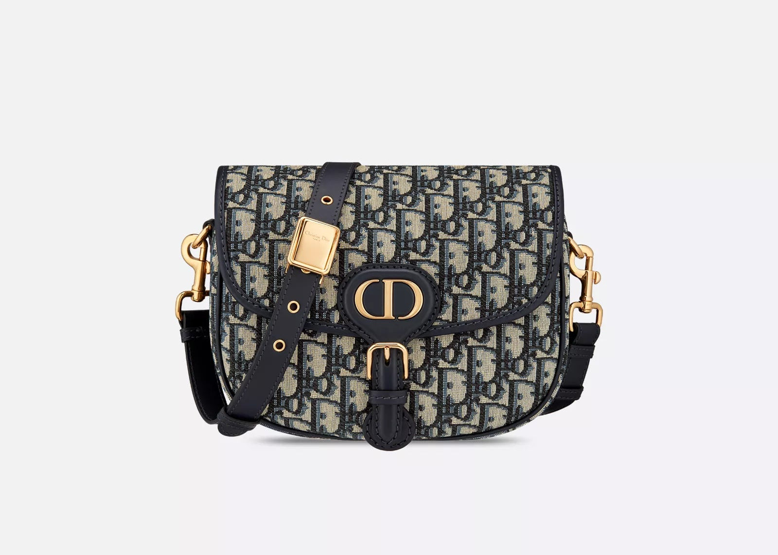 Dior Bobby Medium Blue Dior Oblique Jacquard M9319UTZQ_M928, sac à rabat en toile monogrammée bleue et beige, cuir bleu marine et fermoir CD doré.