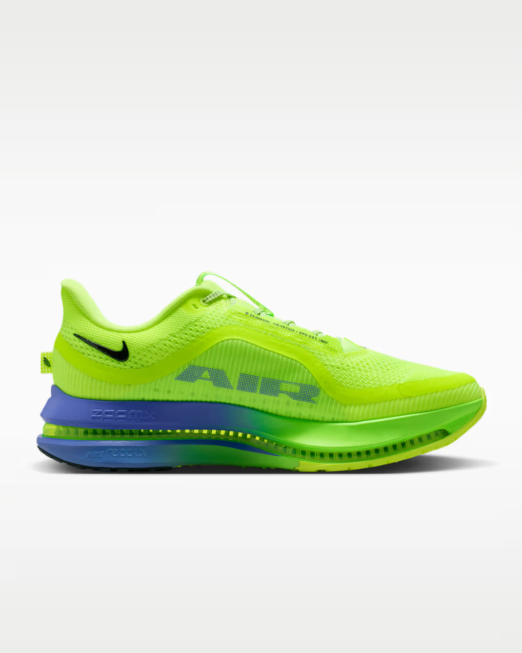 Nike Air Zoom Pegasus Premium Lime Blast Sapphire en mesh technique avec amorti ZoomX ReactX et Air Zoom visible intégrale. vue de profil intérieur