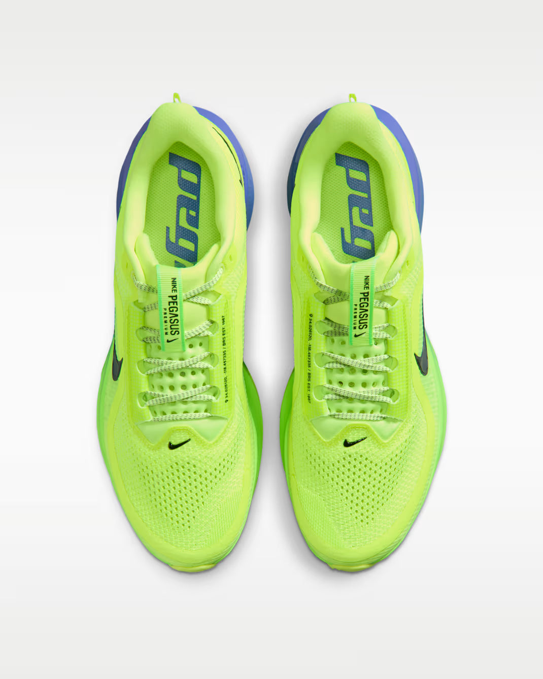 Nike Air Zoom Pegasus Premium Lime Blast Sapphire en mesh technique avec amorti ZoomX ReactX et Air Zoom visible intégrale. vue de dessus