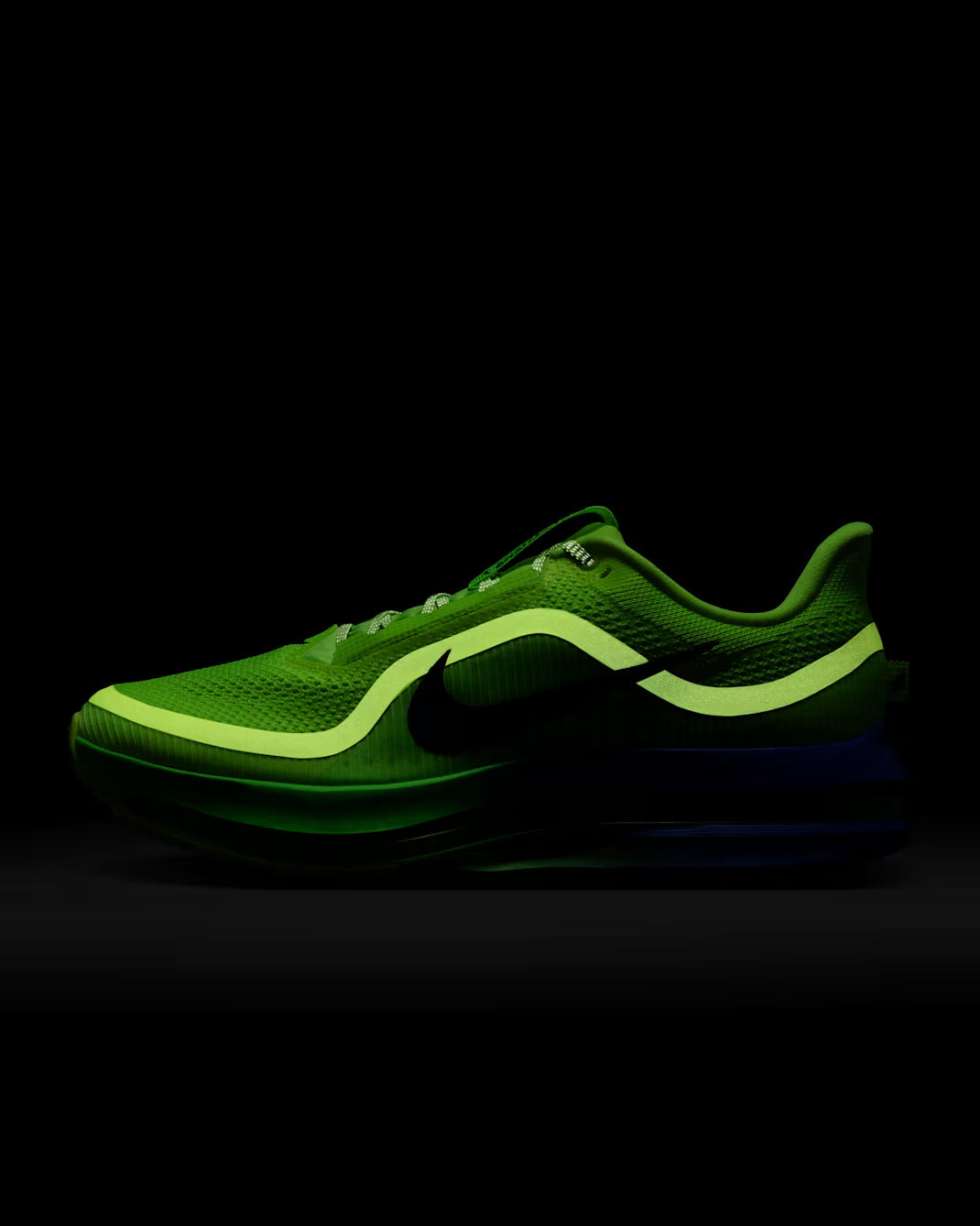 Nike Air Zoom Pegasus Premium Lime Blast Sapphire en mesh technique avec amorti ZoomX ReactX et Air Zoom visible intégrale. vue réfléchissante