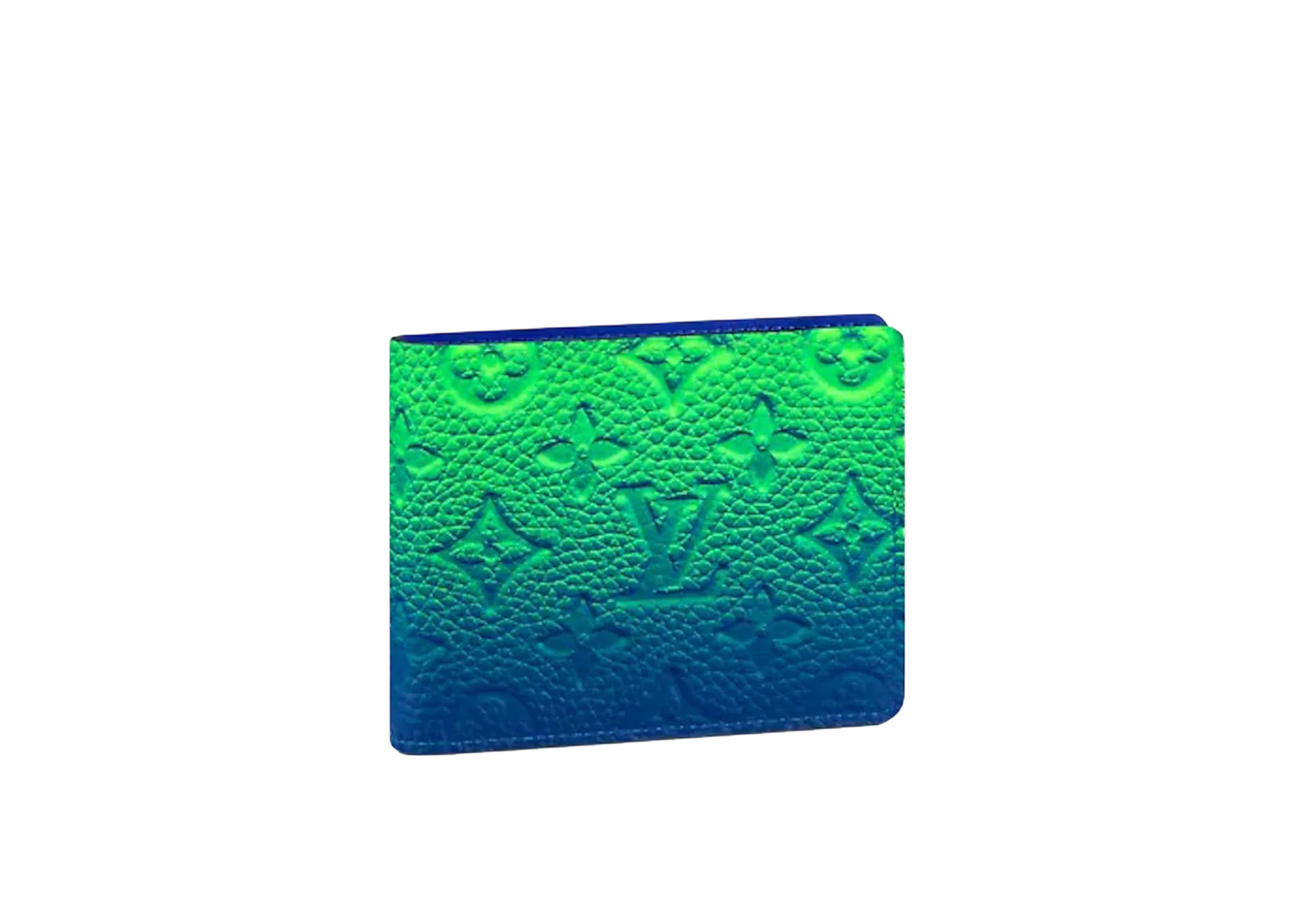 Louis Vuitton PF Slender Taurillon Illusion Blue/Green, portefeuille en cuir Taurillon bleu et vert avec motif Monogram LV embossé.
