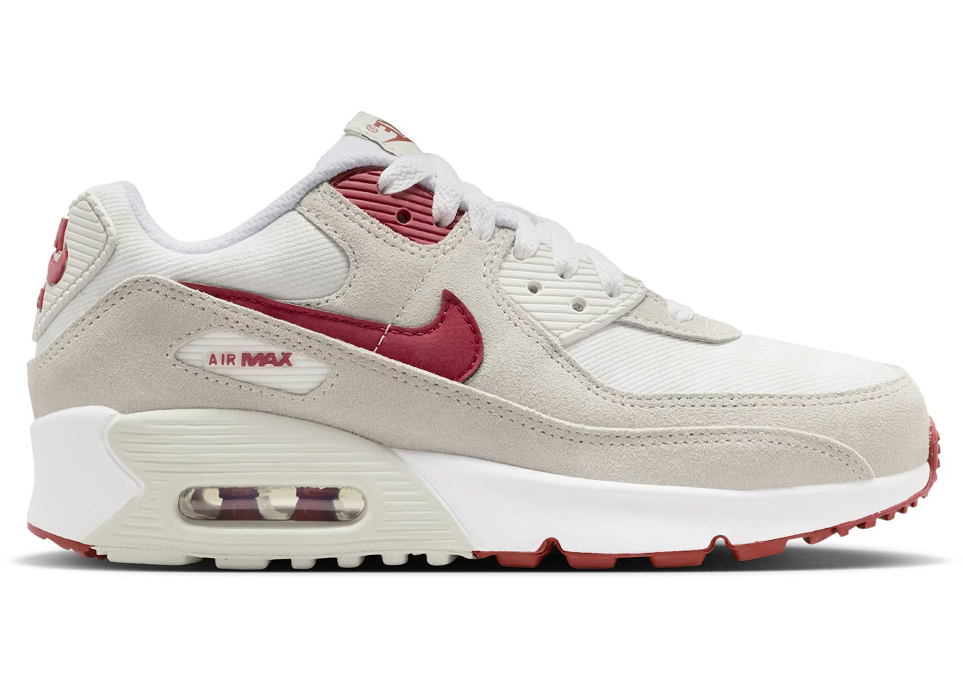 Sneakers Nike Air Max 90 SE GS blanches Light Bone avec accents Crimson en mesh et matières synthétiques avec unité Air visible
