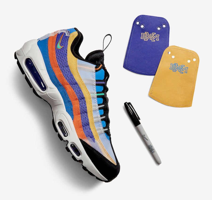 Nike Air Max 95 BHM 2020 multicolore avec panneaux en canvas, ripstop et mesh, shrouds personnalisables et unités Nike Air visibles.