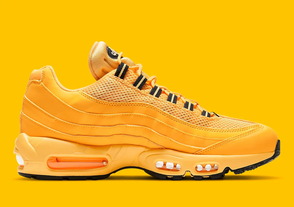 Sneakers Nike Air Max 95 NYC Taxi jaunes et noires en mesh et matières synthétiques avec amorti Air Max visible. Vue intérieur 