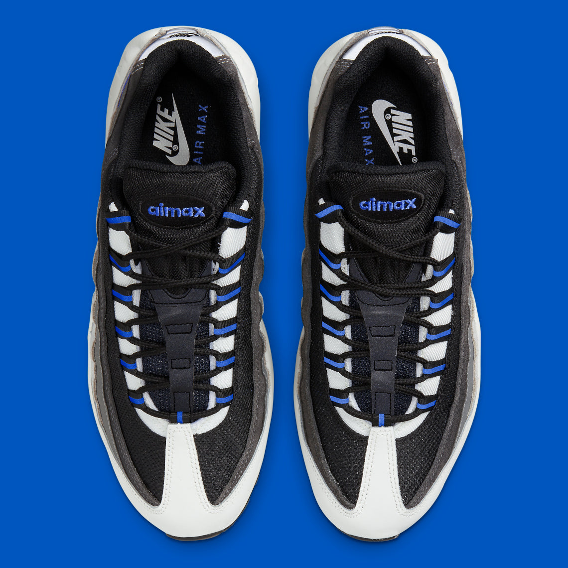 Nike Air Max 95 Medium Blue noire et grise avec empiècements dégradés, détails bleu Medium Blue et unités Air visibles.