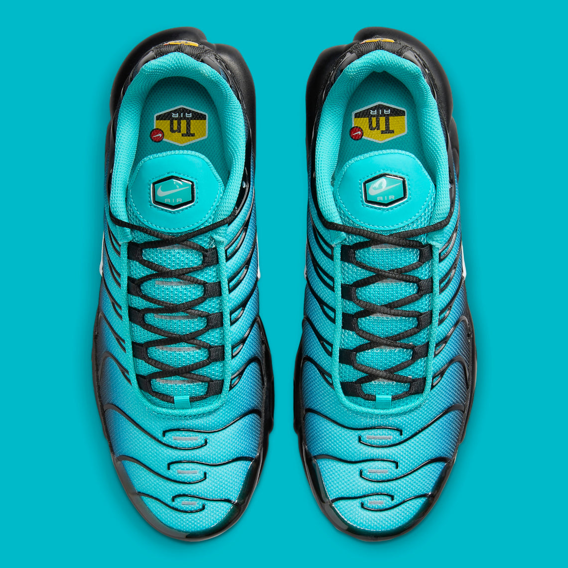Image de la Nike Air Max Plus “Light Retro Blue”, sneaker en mesh turquoise à noir dégradé, overlay TPU noir ondulé, mini Swoosh blanc, bulles Tuned Air visibles, silhouette TN. Vue de haut